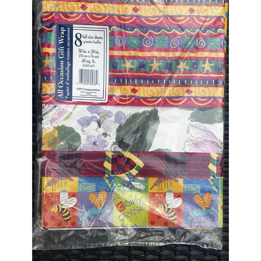 Vintage 1990s CPS 8 Sheet Gift Wrap Pack Sealed Memphis Floral Cardinal Bugs USA